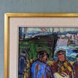 Peinture à l’huile figurative vintage suédoise « Coastal Dock » du milieu du siècle, encadrée
