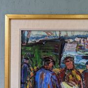 Peinture à l’huile figurative vintage suédoise « Coastal Dock » du milieu du siècle, encadrée