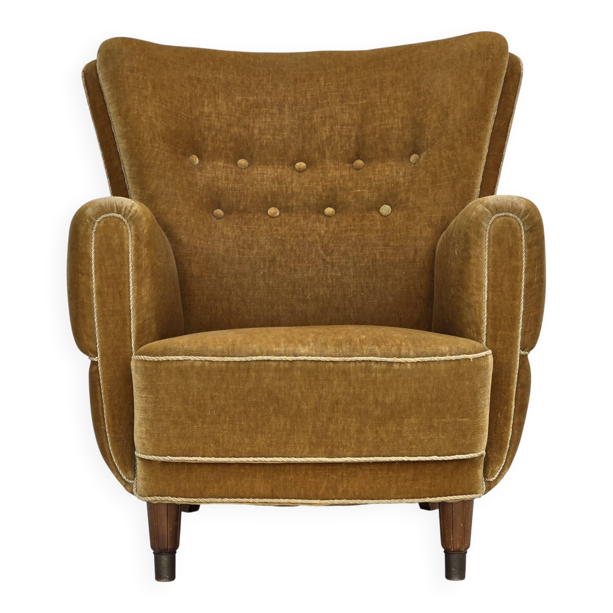 1960s, Danish relax chair, original honey yellow furniture velour.