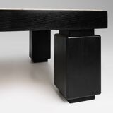 Set of 2 mid-century coffee tables in oak with travertine top