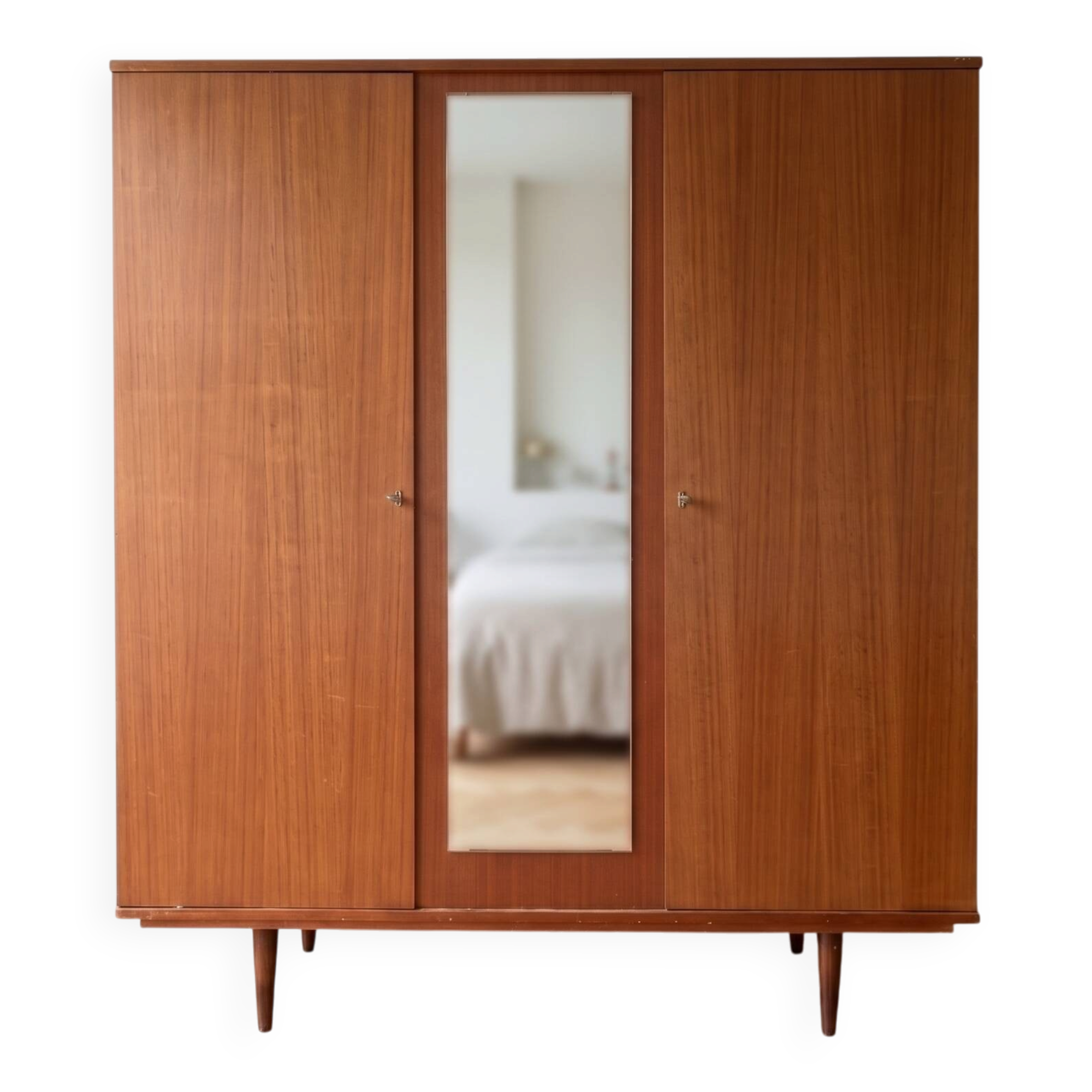 Vintage 1950s wooden wardrobe with mirror.
