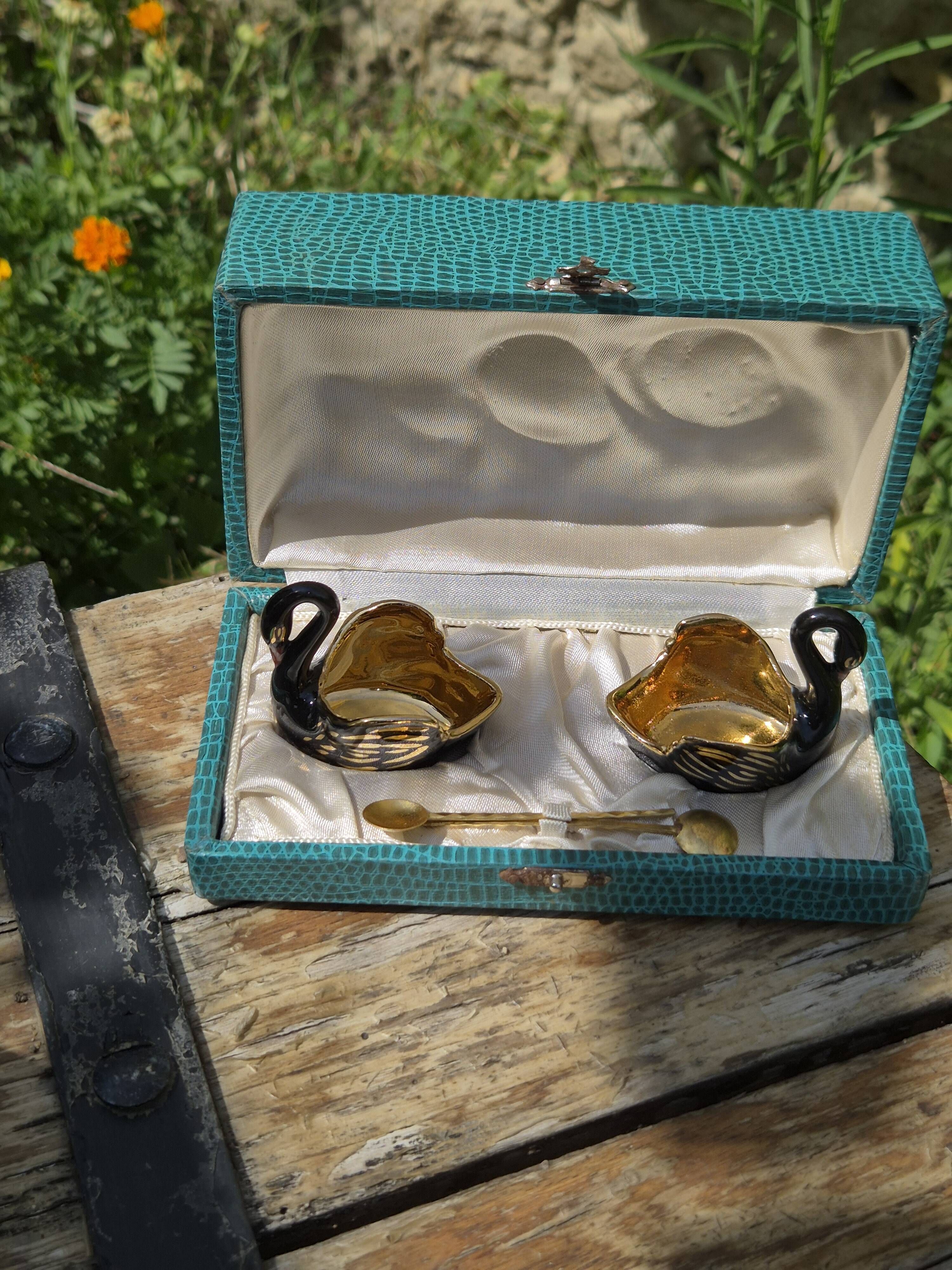 Hand-painted Porcelain Black Swan Salt Cellars Set in original box
