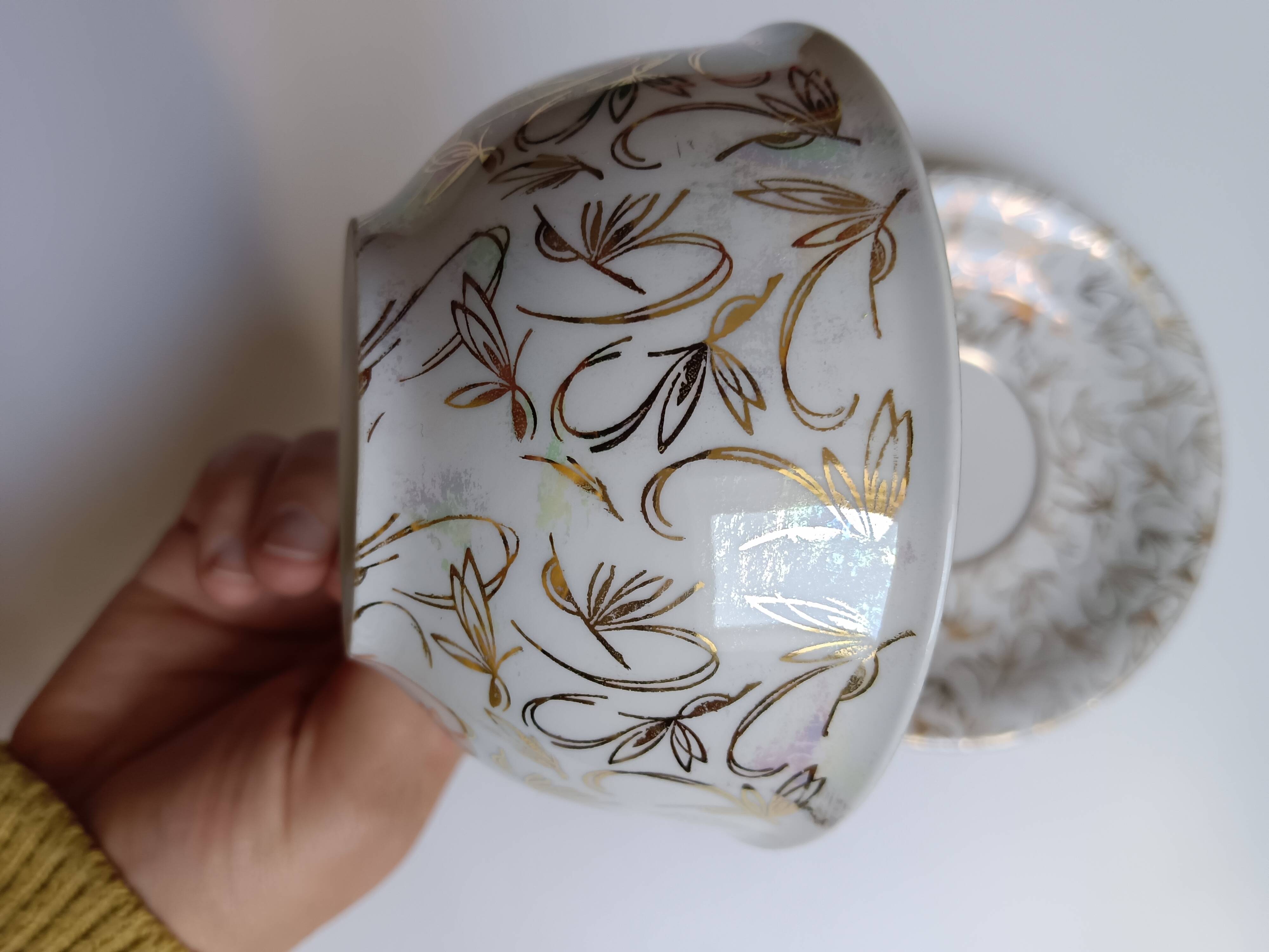 Large porcelain cup from Bavaria with a pearlescent finish and rose decorations.