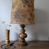 turned wooden lamp with a jute floral shade, authentic sixties