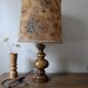 turned wooden lamp with a jute floral shade, authentic sixties