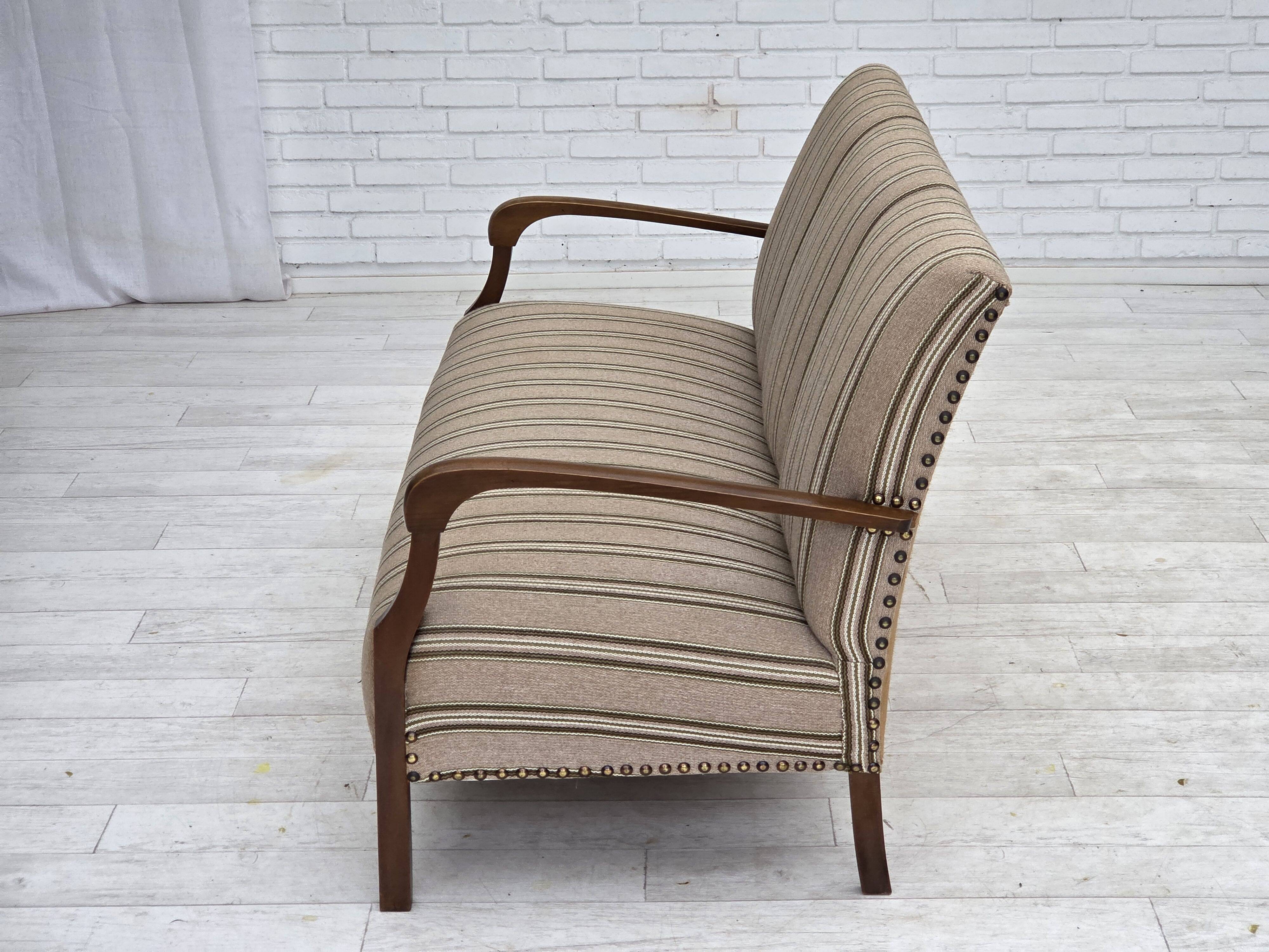 1950s, Danish 2-seater sofa, beige furniture wool fabric, beech wood legs.