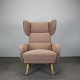 Mid-century wingback lounge chair in pink fabric, Czechoslovakia, 1970s