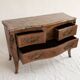 Curved Louis XV style commode in marquetry, veined marble and ornamentation.