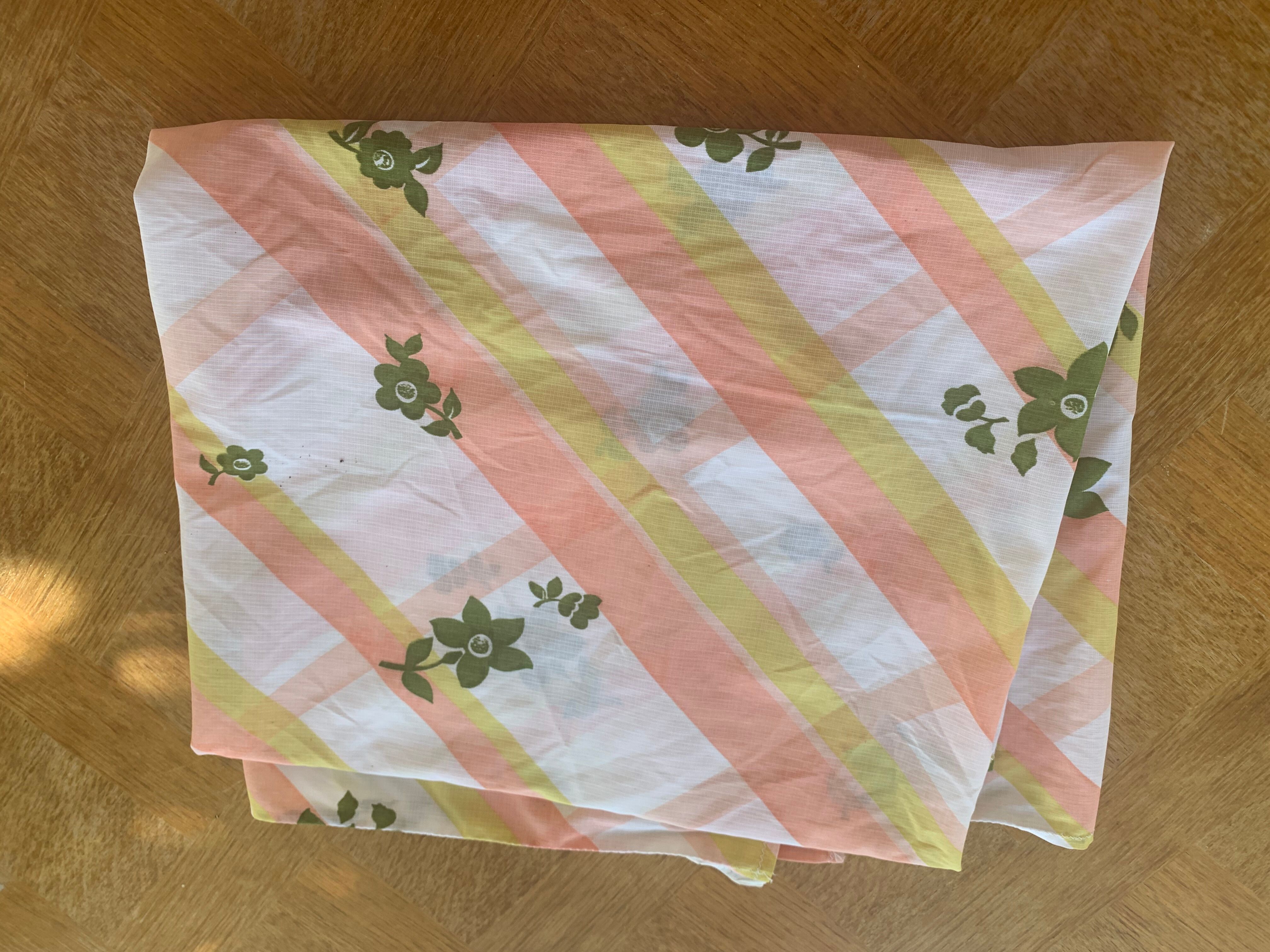 Tergal tablecloth with orange stripes and vintage khaki flowers 1970