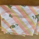 Nappe en Tergal à rayures orange et fleurs kaki vintage 1970
