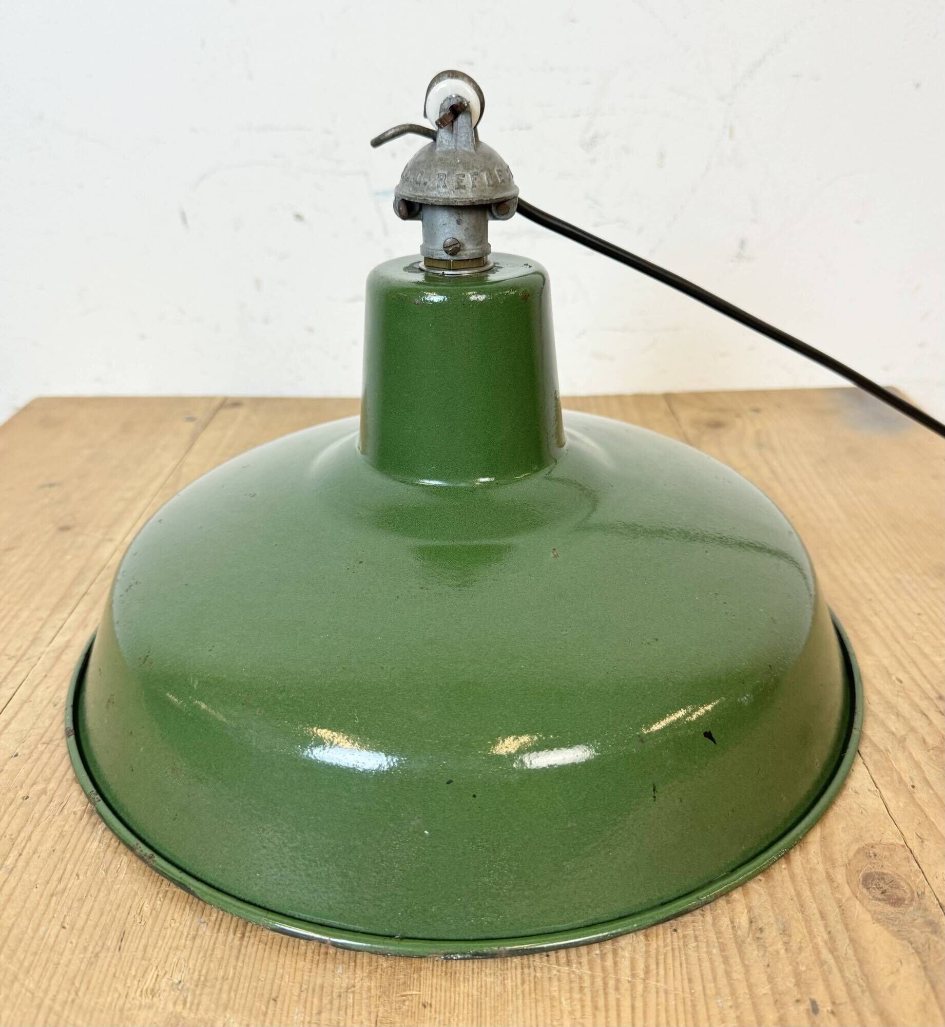 Industrial French Green Enamel Factory Lamp, 1960s