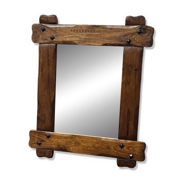 Miroir brutaliste vintage en bois massif