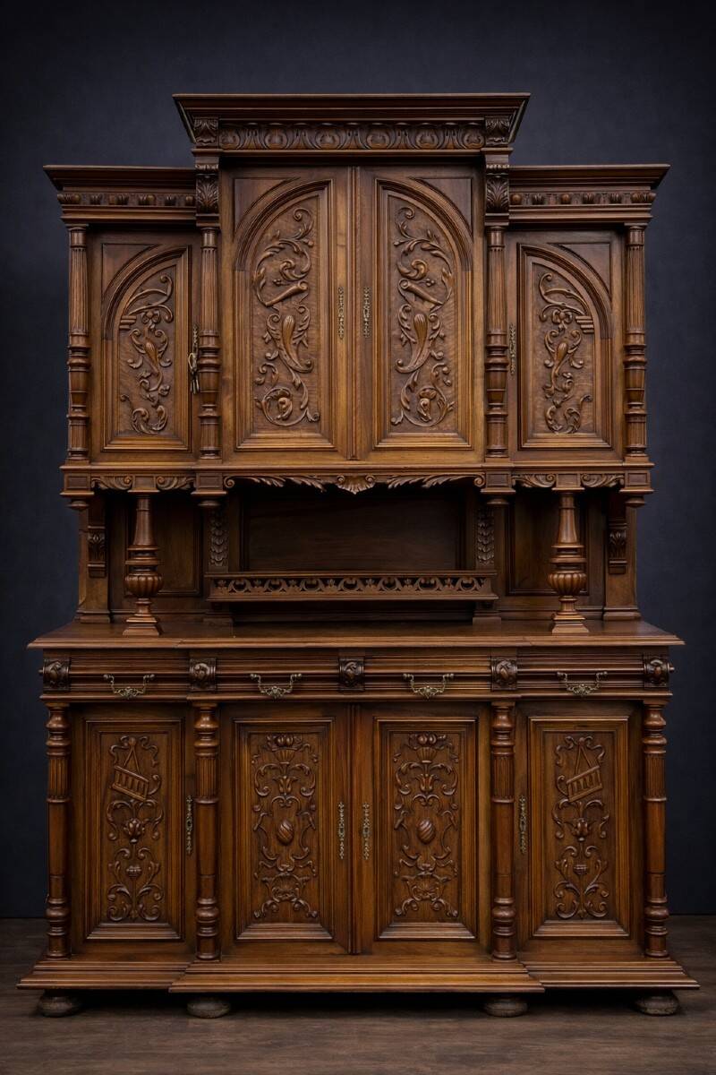 Buffet with eight Renaissance doors in solid walnut.