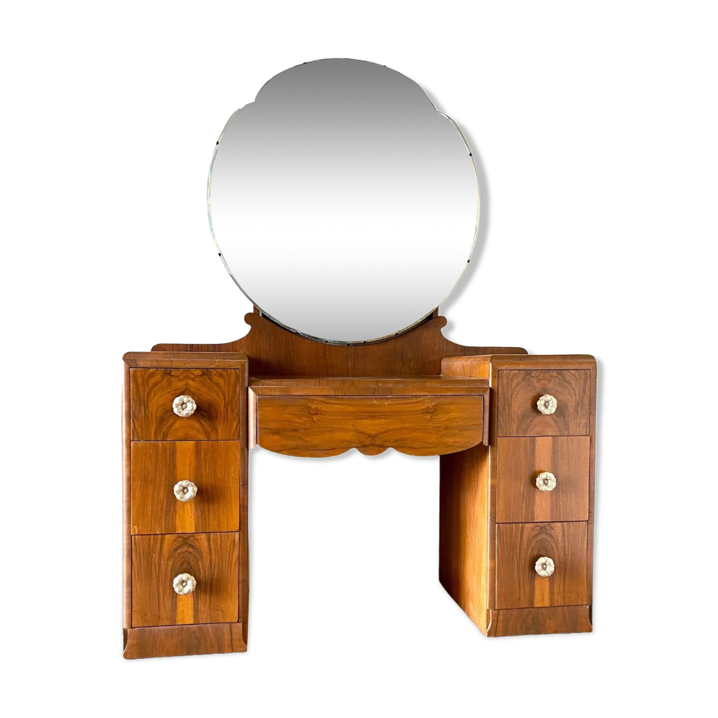 7-drawer wooden dressing table with beveled mirror 1950s