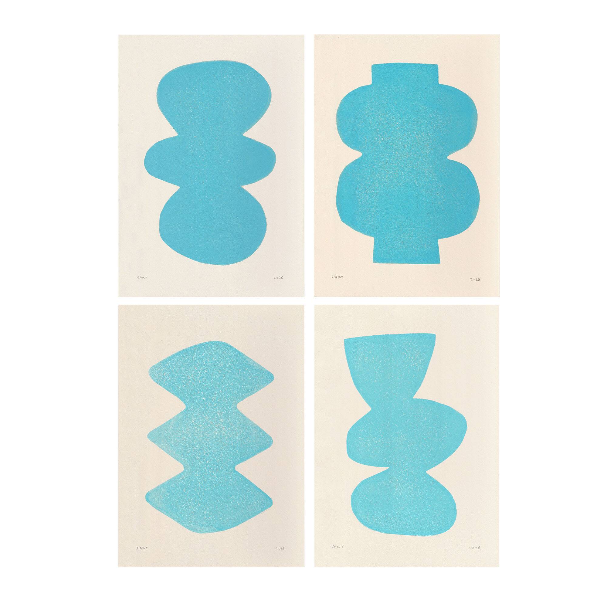 Collection of 4 abstract paintings in light blue signed Eawy.