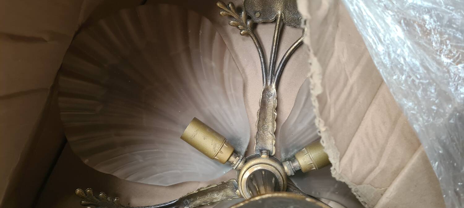 Art Deco ceiling chandelier in bronze and glass paste, old vintage light fixture dimensions 45x45