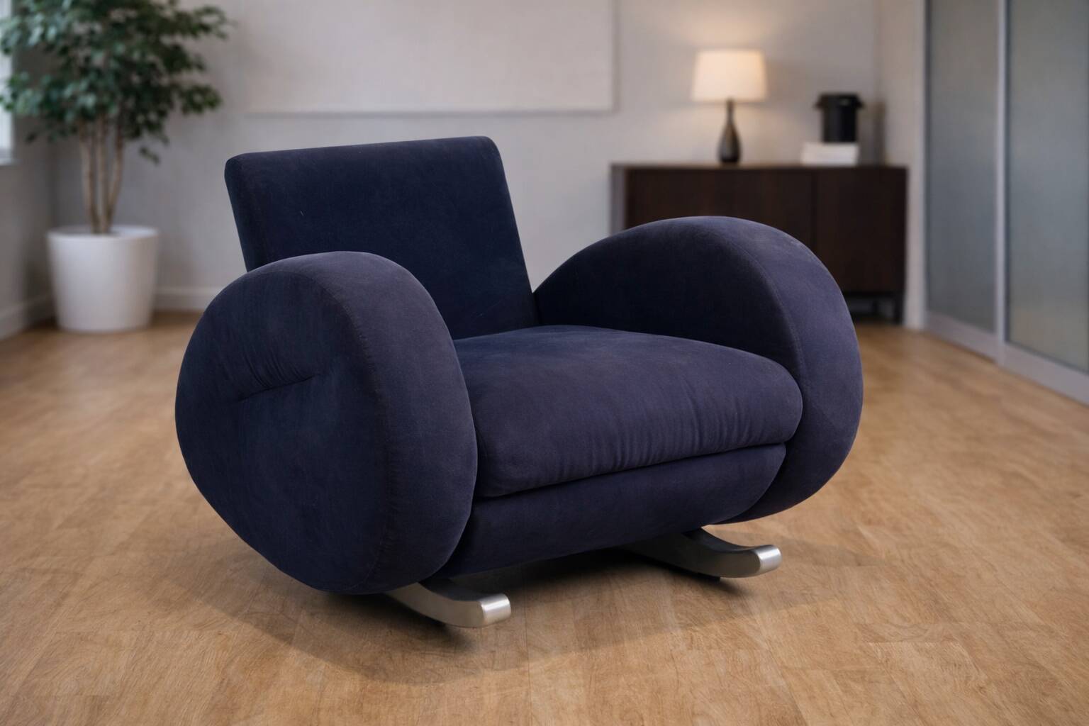 Bretz (Germany) — Rocking Chair / Armchair — Blue Velvet Upholstery — 1980s