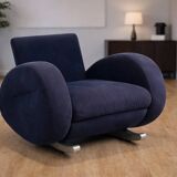 Bretz (Germany) — Rocking Chair / Armchair — Blue Velvet Upholstery — 1980s