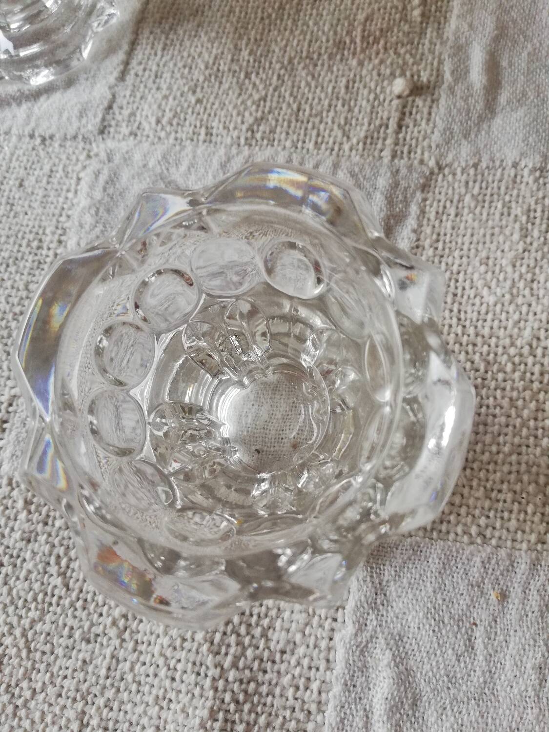 Set of two vintage glass candlesticks, transparent, France, Reims.