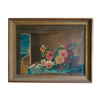 Oil painting, still life with roses, 1930