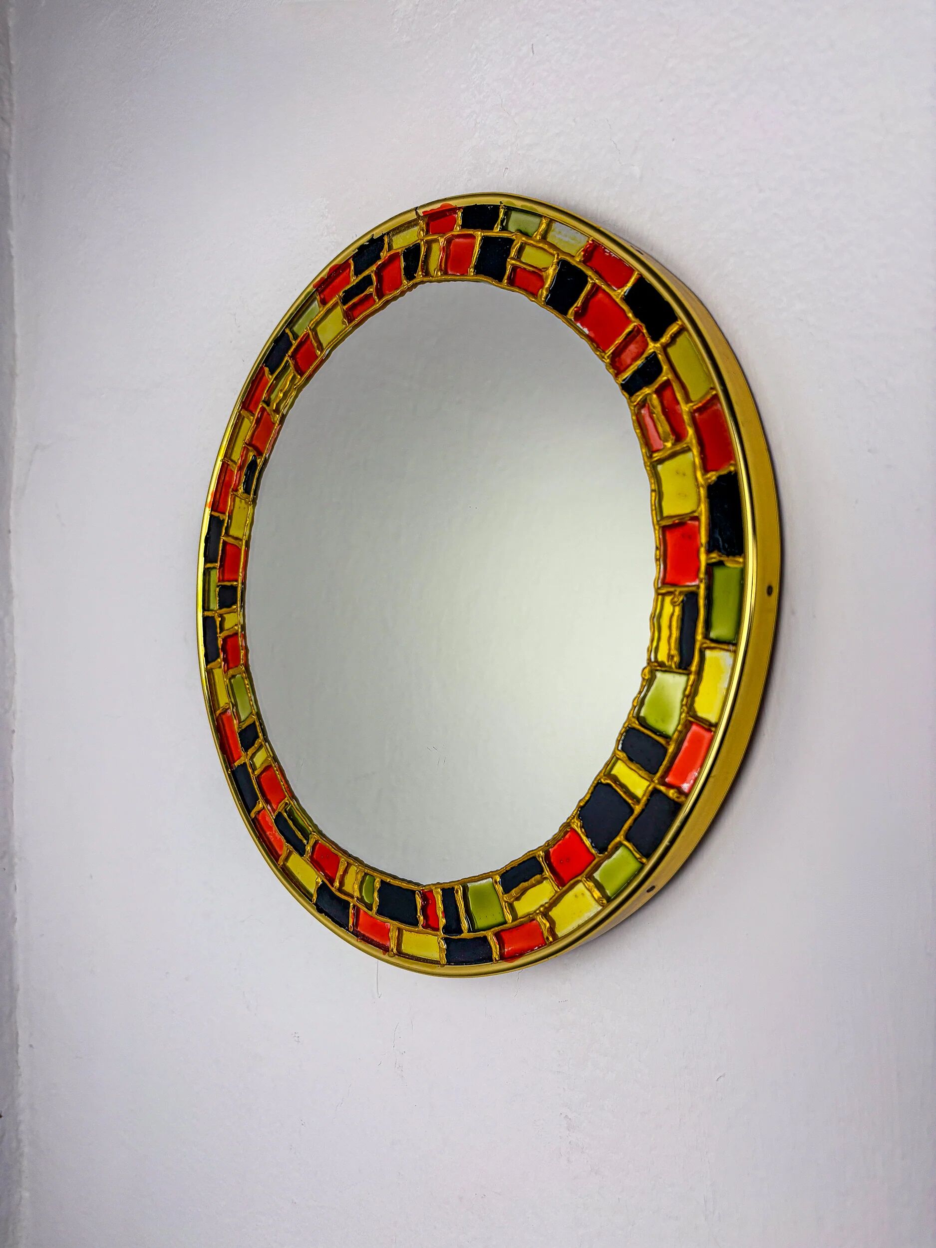 Spanish hand-painted ceramic-style mosaic circular mirror, 1970s