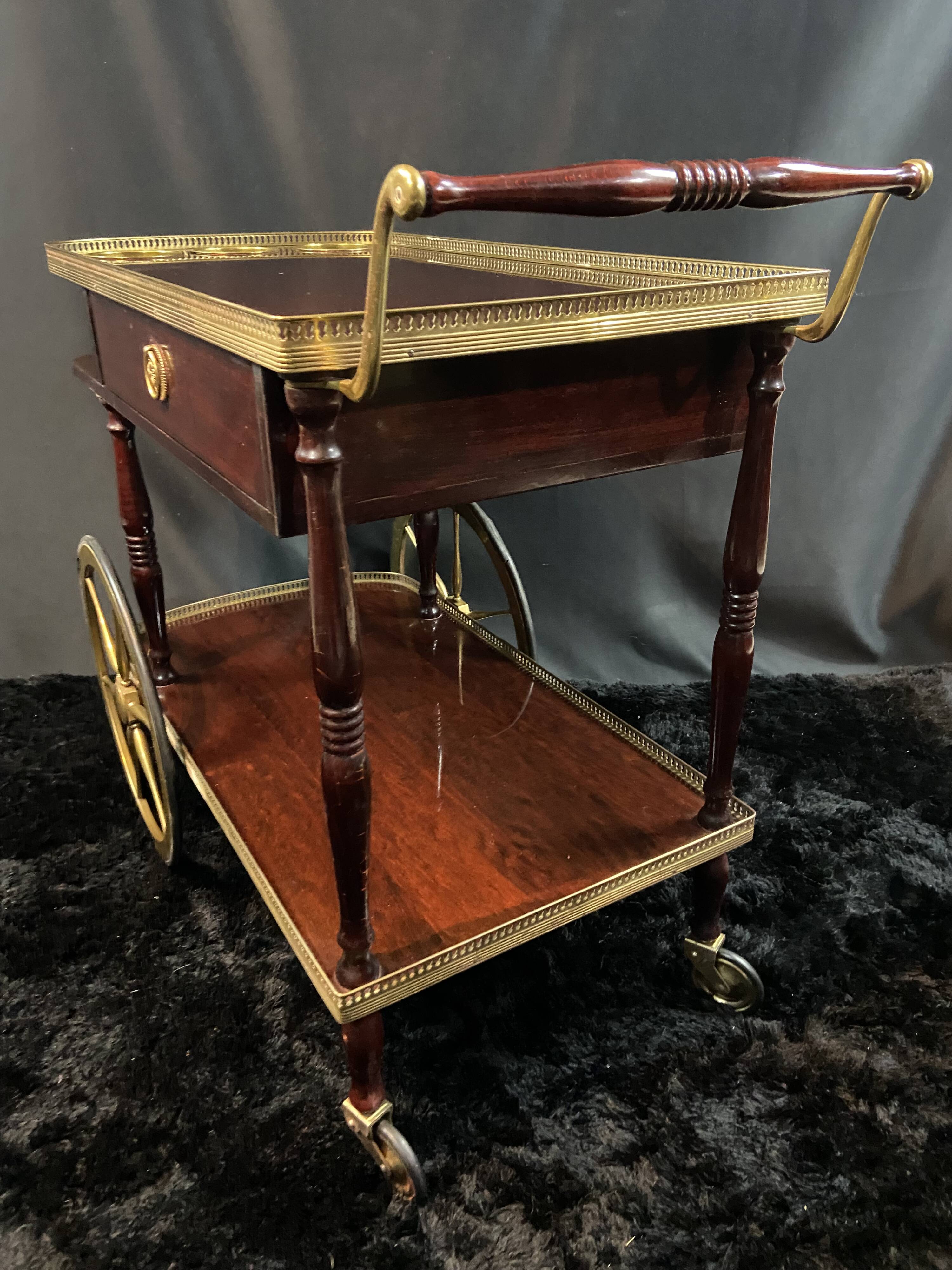 Rolling bar cart, bar trolley, bar rolling in varnished mahogany and brass