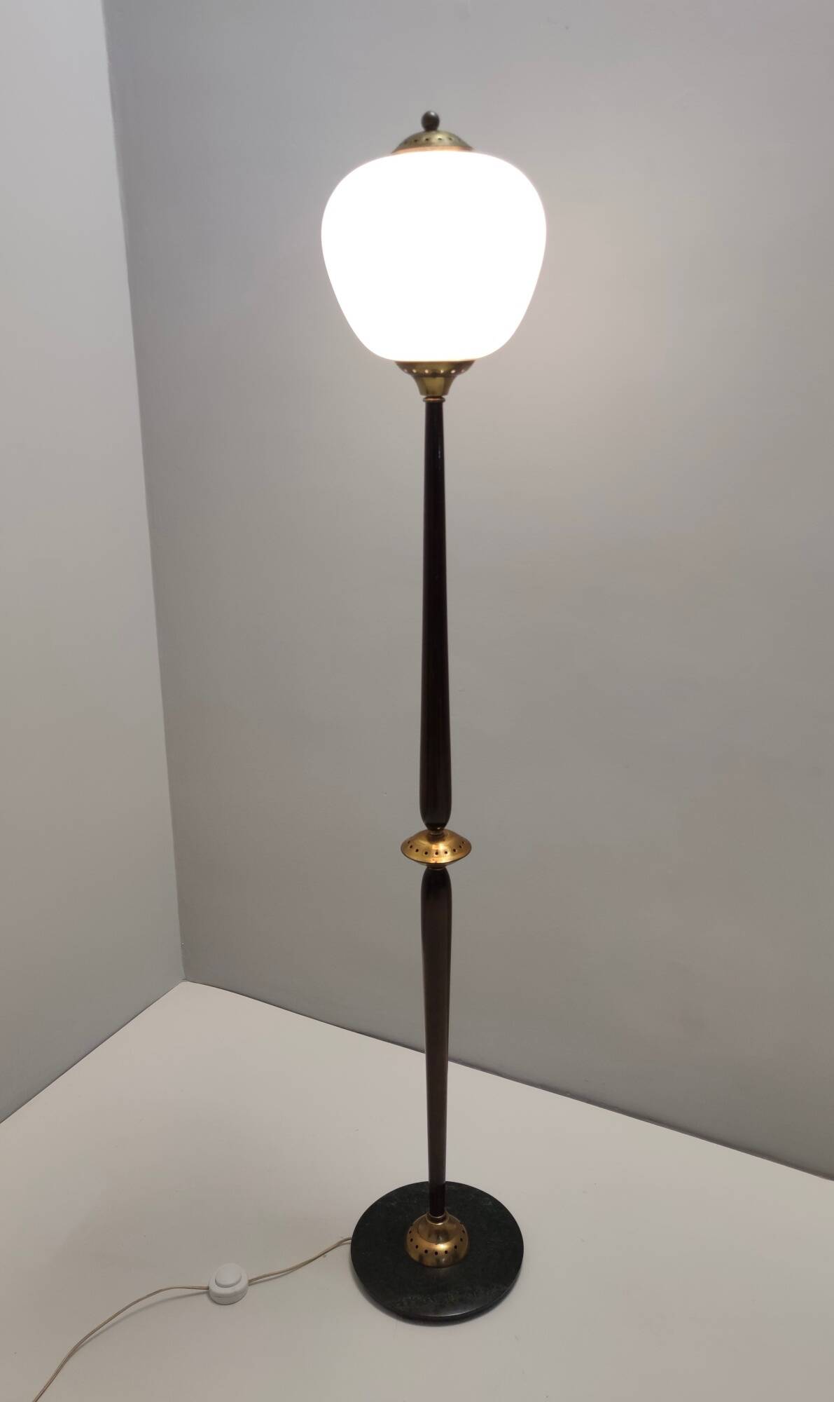 Opaline Glass, Beech and Brass Floor Lamp with Marble Base, Italy