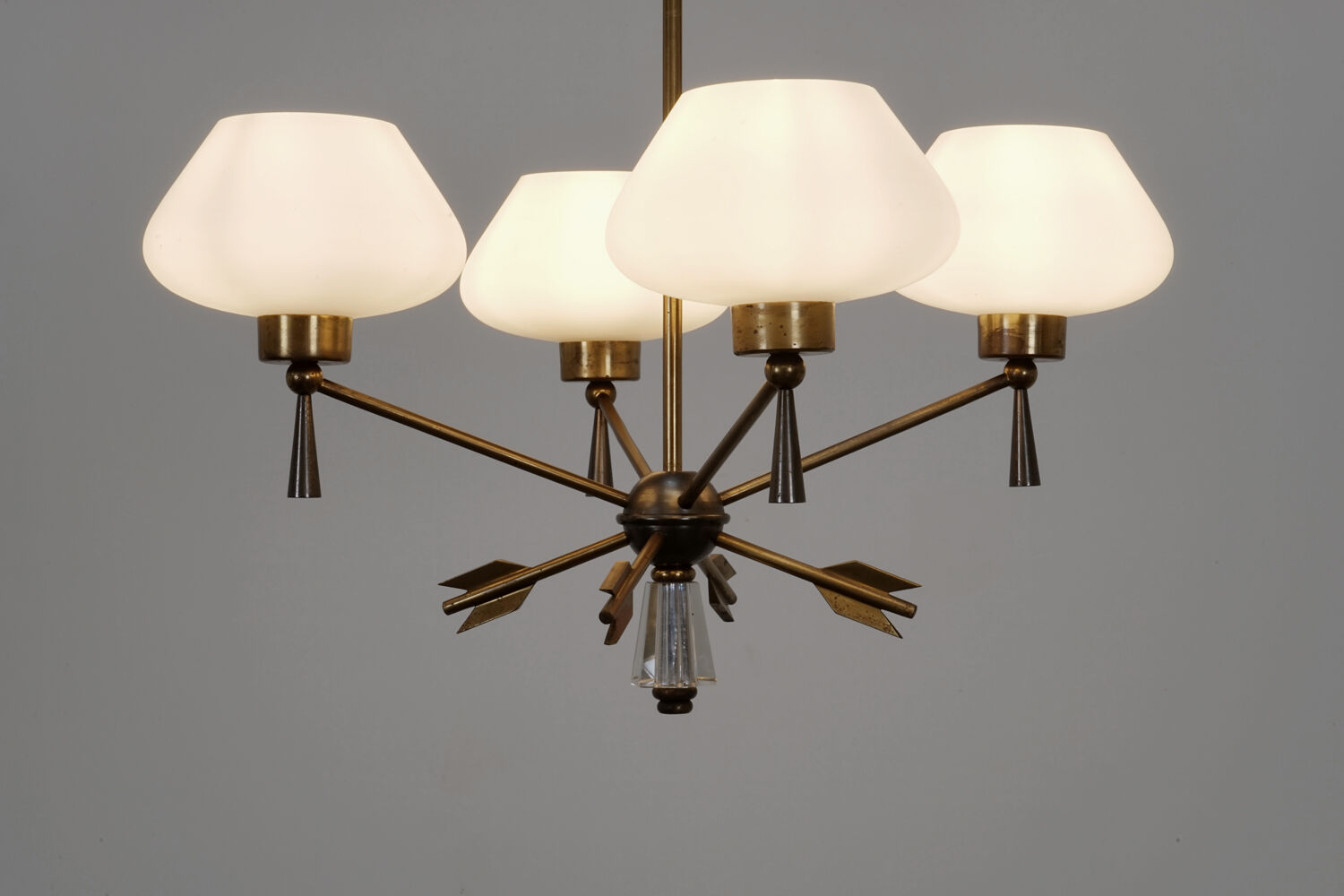 Brass and opaline chandelier by Marcel Asselbur circa 1950