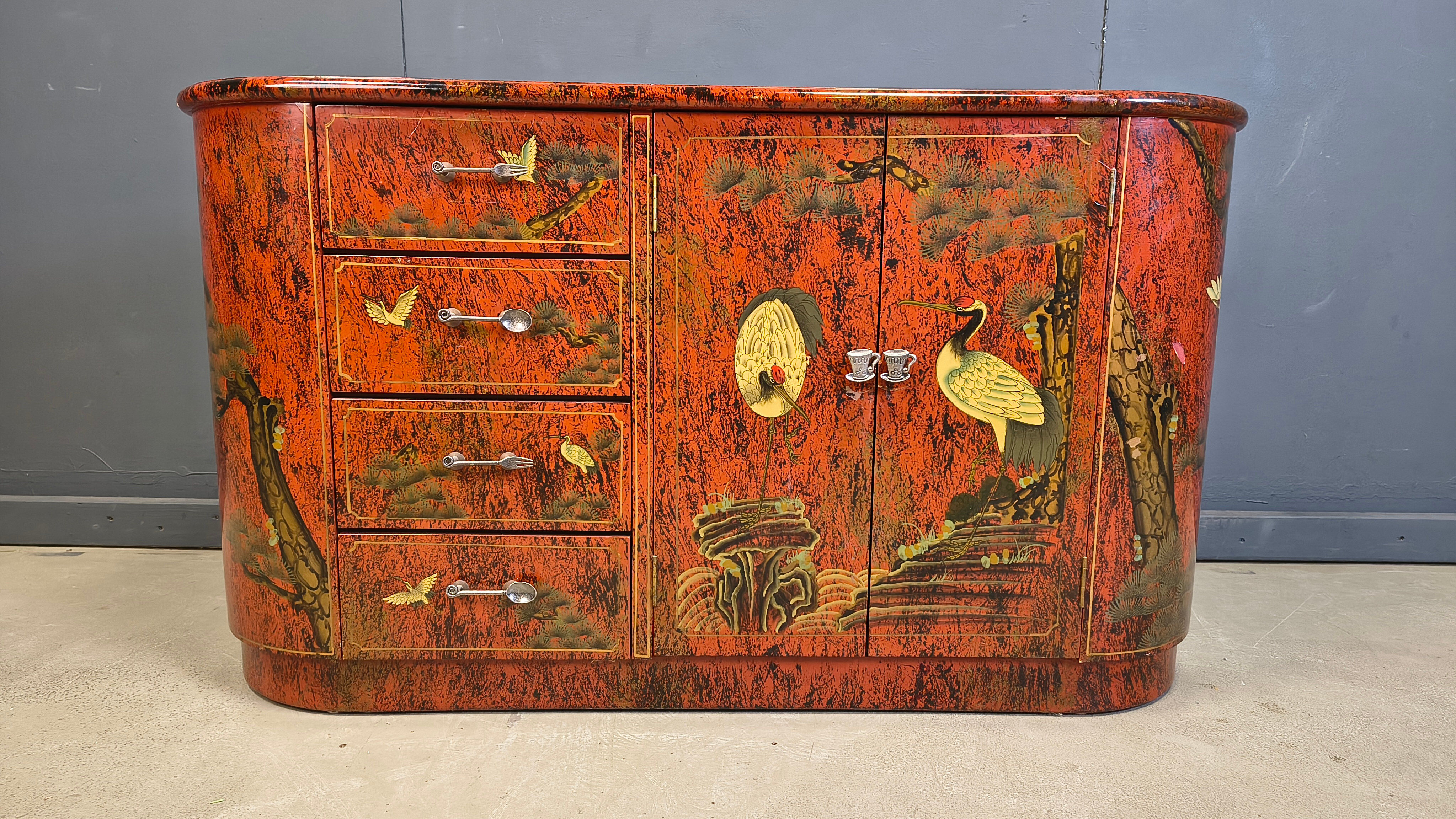 Vintage red chinoiserie cabinet, 1970s