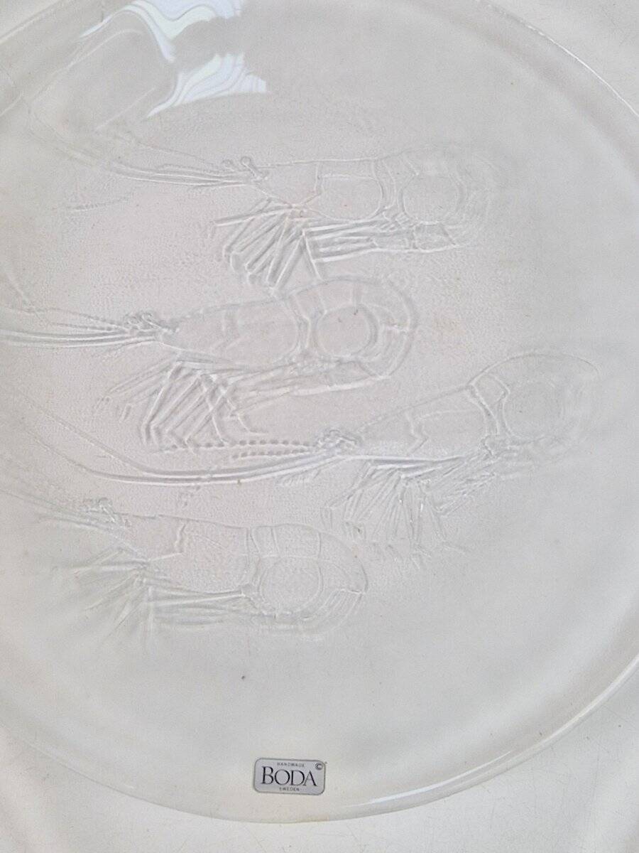 Vintage Glass Seafood Serving Bowl, Plate and Dinner Plates by Ann Warff for Kosta Boda, Sweden, 1970s, Set of 8