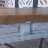 Patinated linen coffee table with raw top