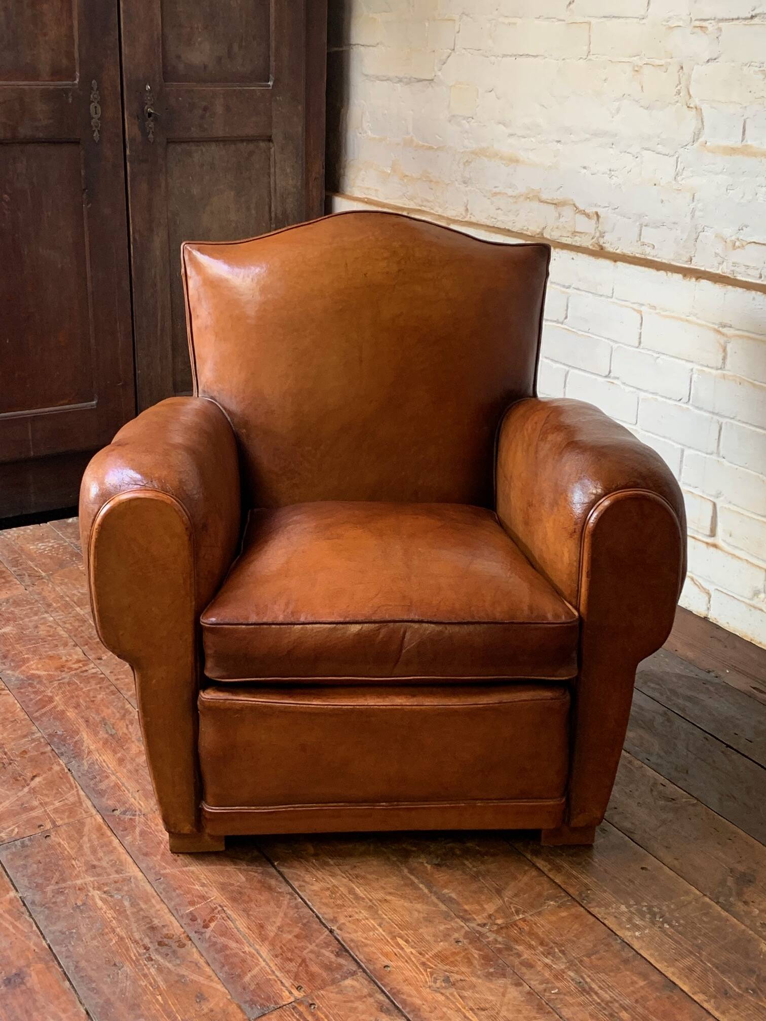 French leather club chair chapeau de gendarme in caramel c 1950