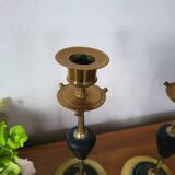 Pair of brass and black hard stone candlesticks