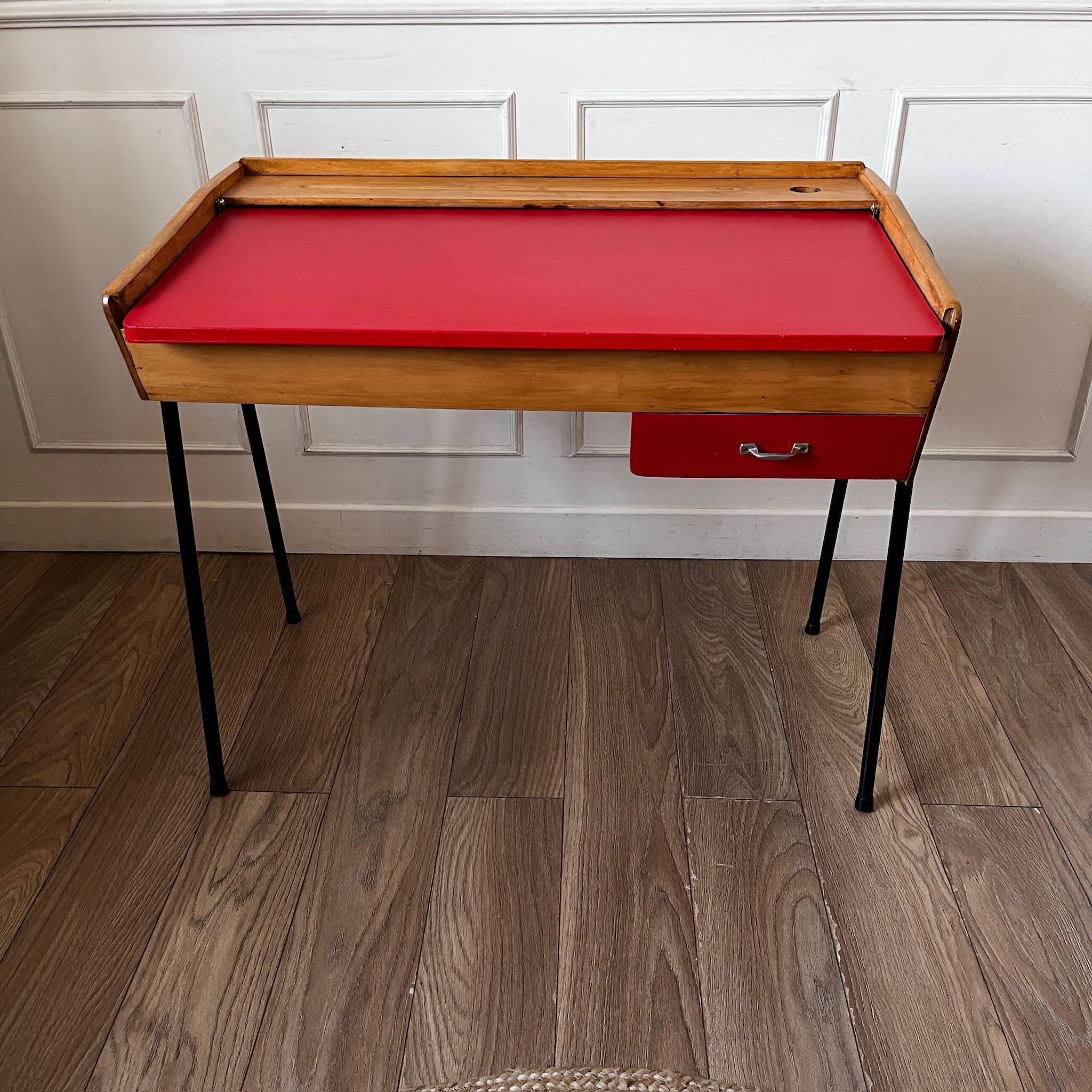 Small vintage red and wood desk