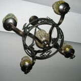 Lustre et ses 2 appliques en fer forgé 1960