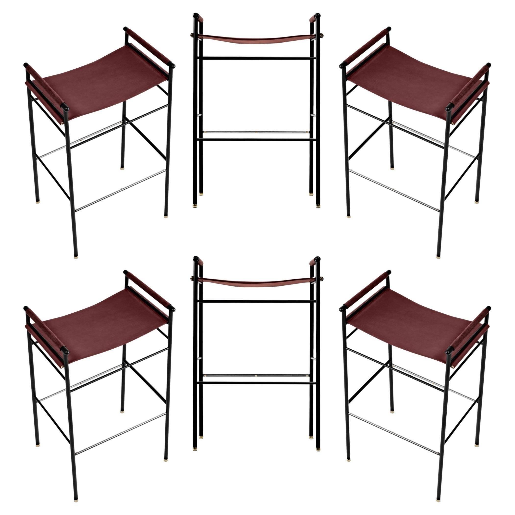Jeu de 6 tabourets de bar Classic Contemporary en cuir cognac et métal de caoutchouc noir