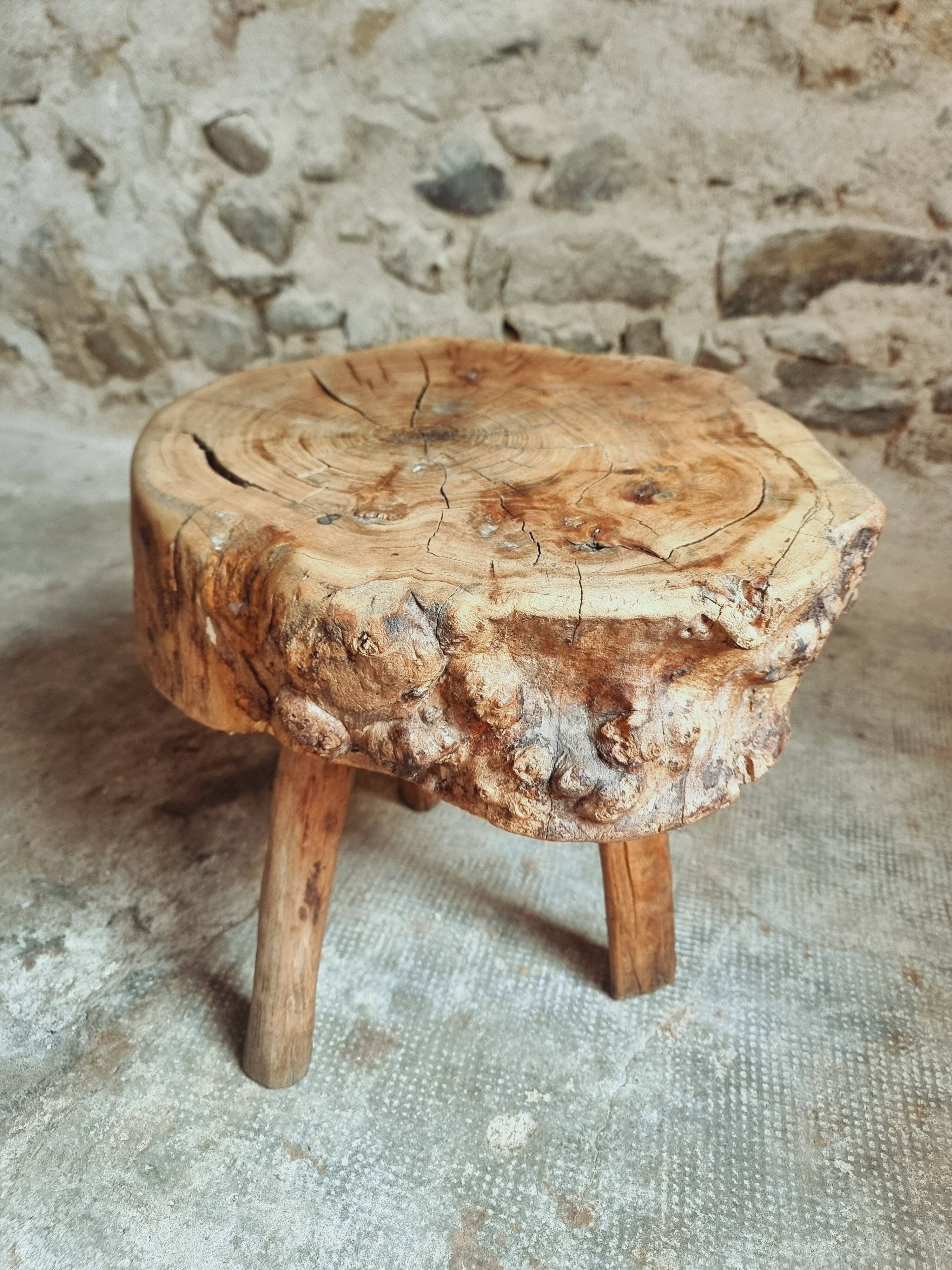 Brutalist stool in solid cherry wood – France circa 1900