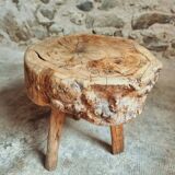 Brutalist stool in solid cherry wood – France circa 1900