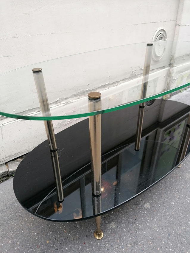 1960 oval glass and brass coffee table