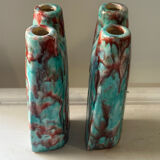 Vintage pair of turquoise and red ceramic candlesticks