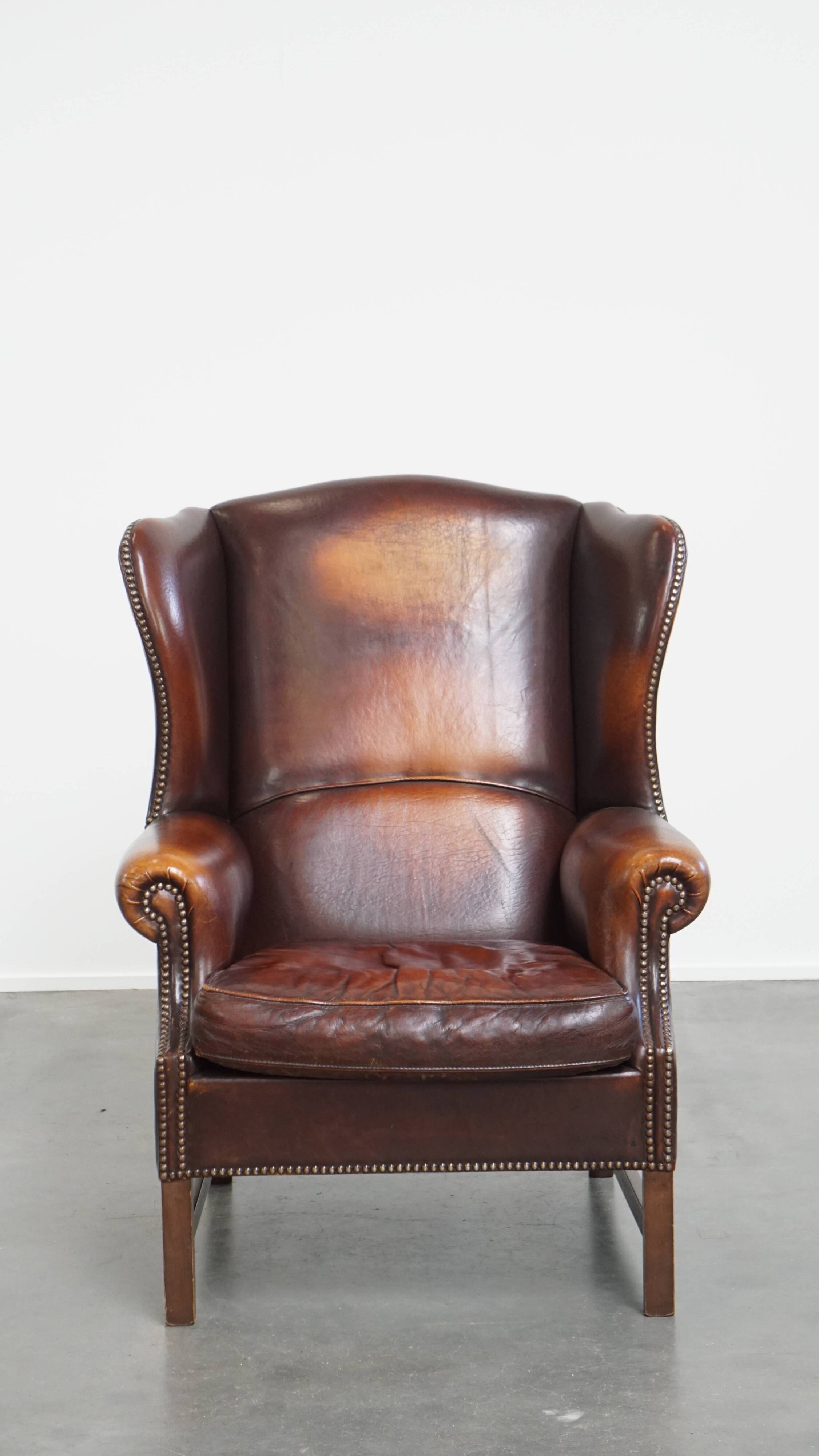 Dark English-Style Sheepskin Wingback Chair