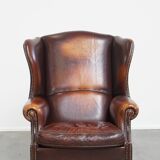 Dark English-Style Sheepskin Wingback Chair
