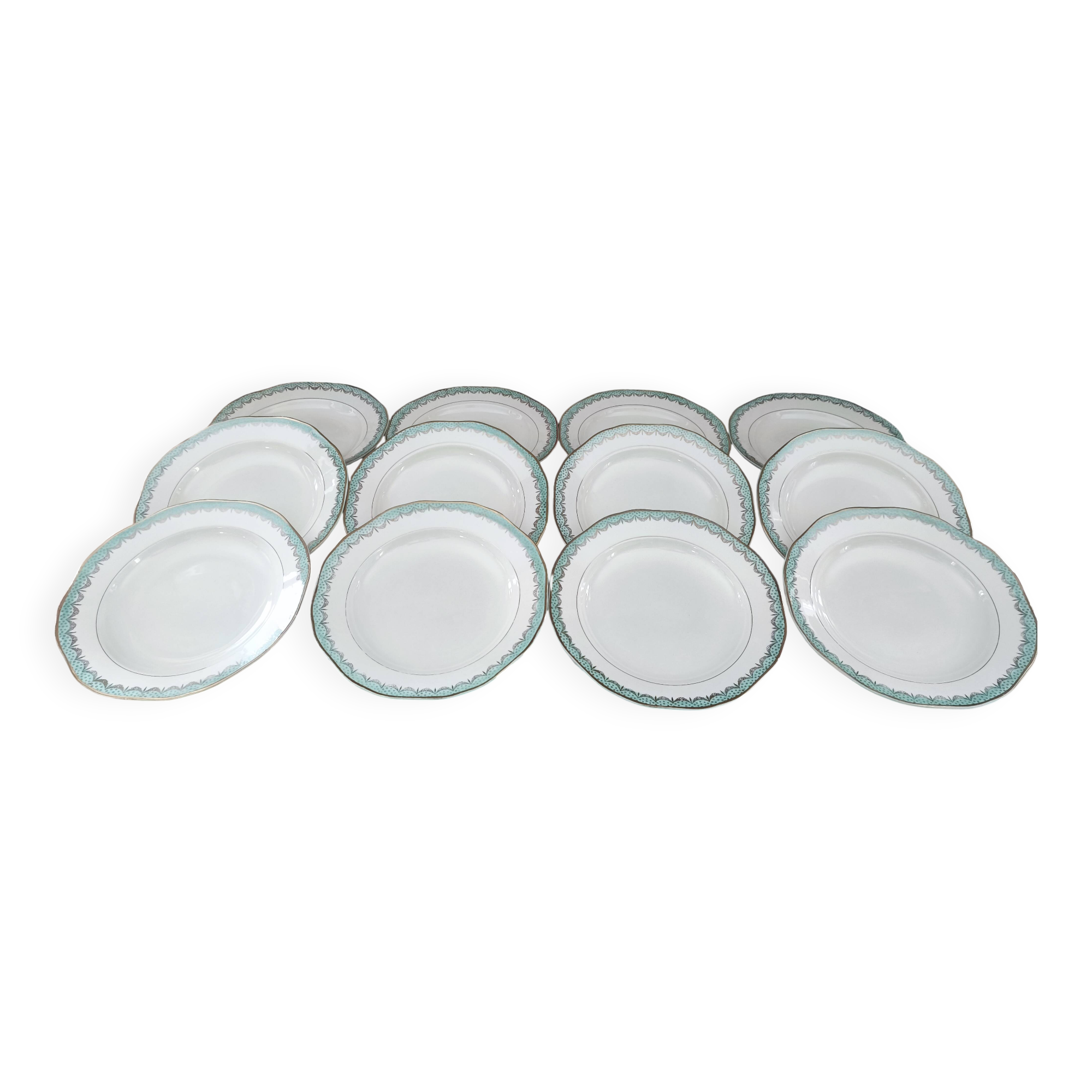 Set of 12 Longwy France earthenware soup plates, Trianon model