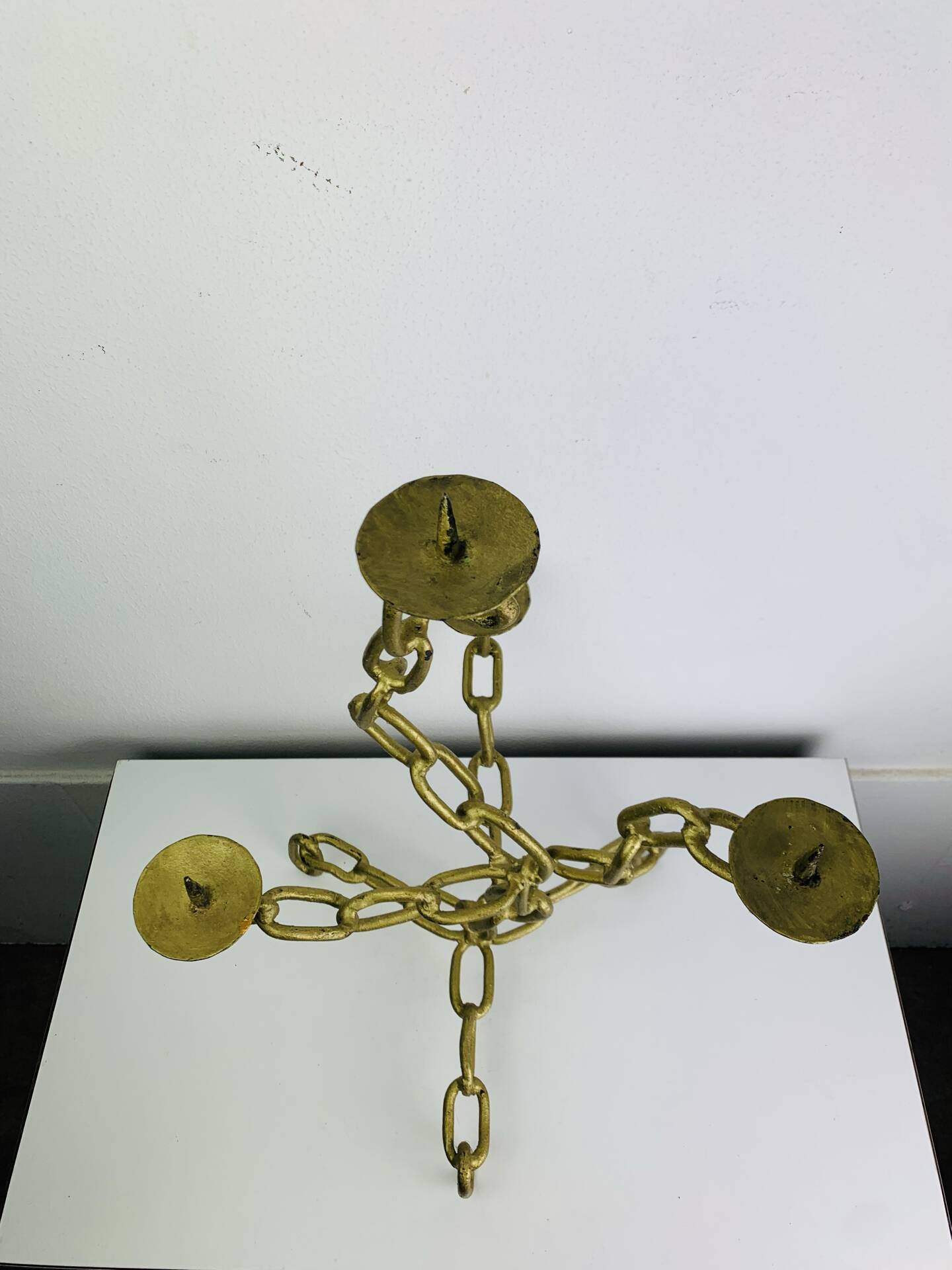 Brutalist candle holder, wrought iron, chain links, gold patina.