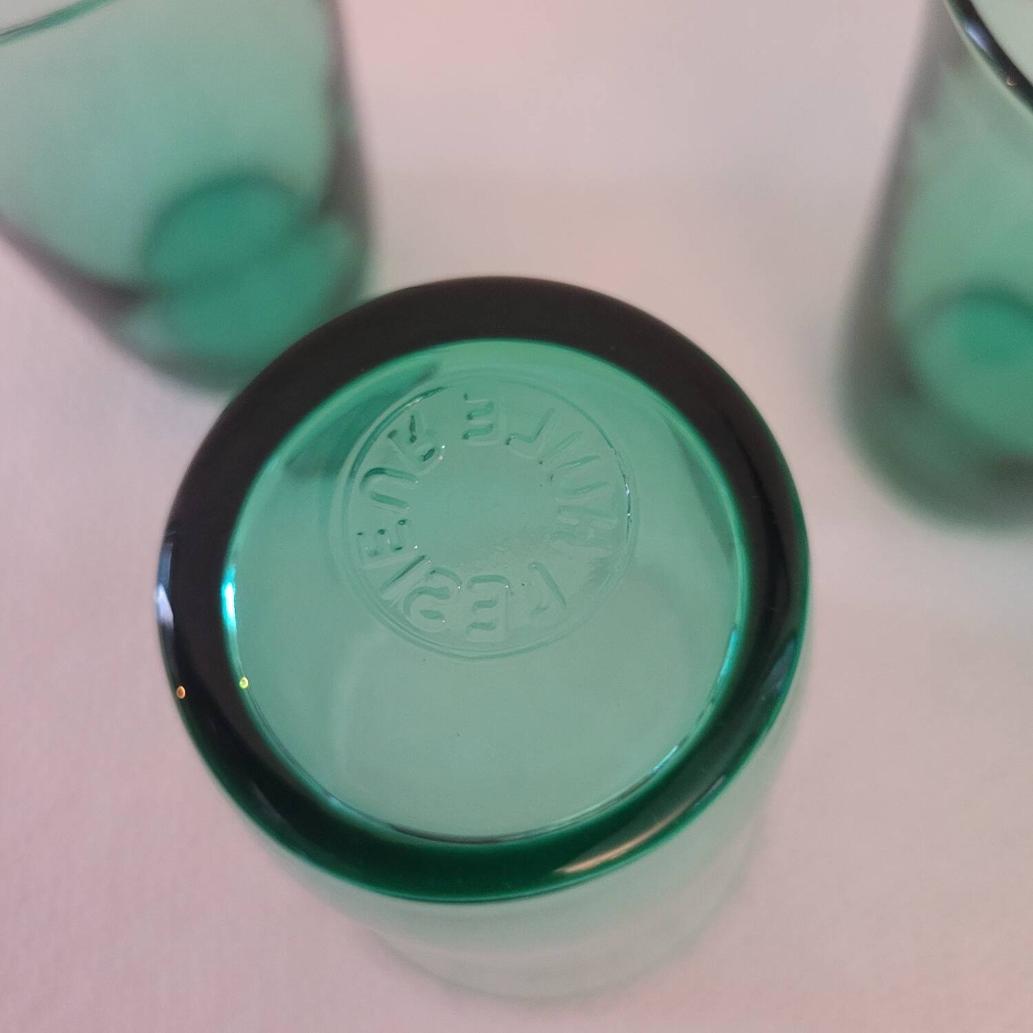6 green glasses stamped LESIEUR – vintage 60s/70s