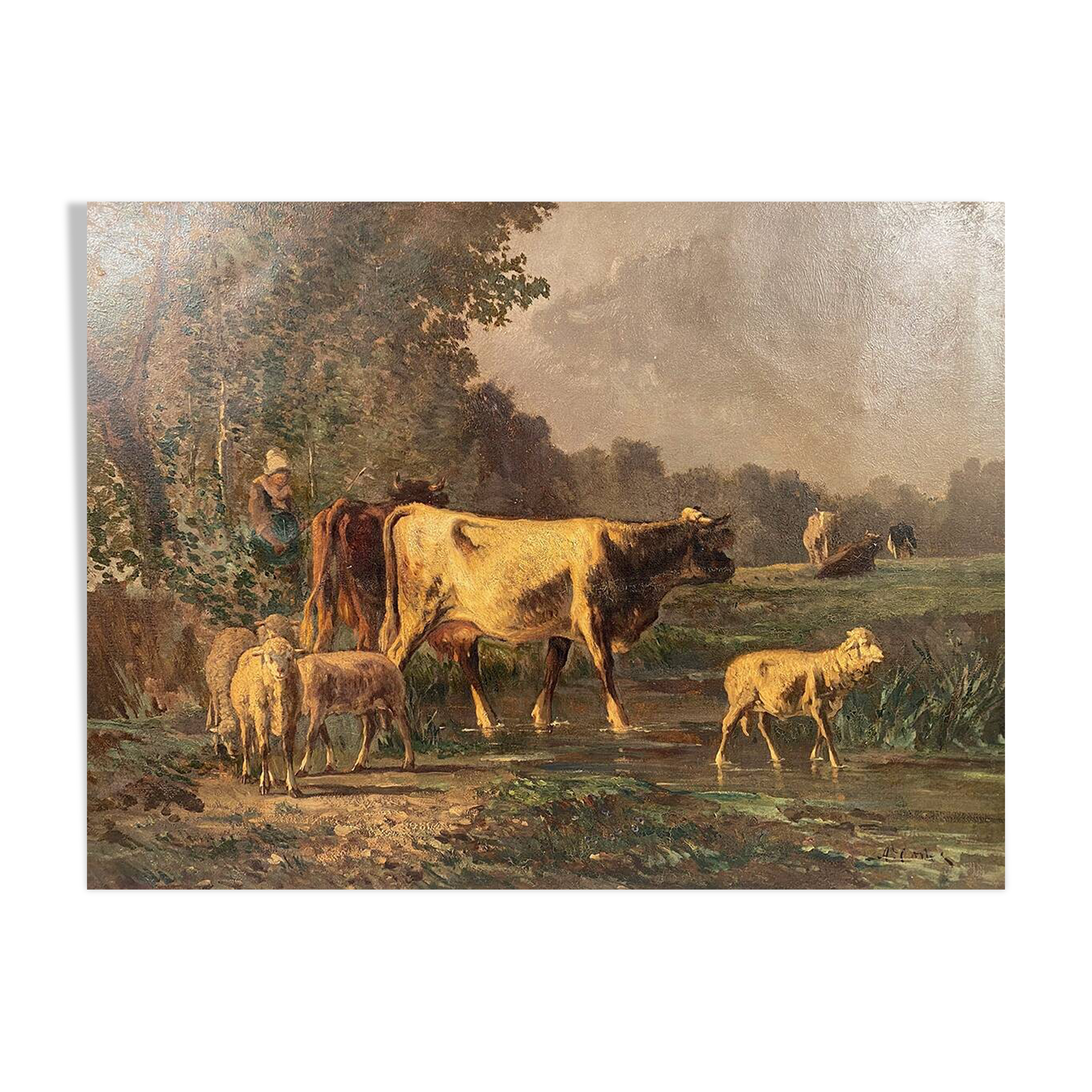 Andres Cortes (Spanish painter 1812-1879), landscape with cows and sheep. Oil on canvas 19th century