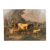 Andres Cortes (Spanish painter 1812-1879), landscape with cows and sheep. Oil on canvas 19th century