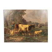 Andres Cortes (peintre espagnol 1812- 1879), paysage aux vaches et moutons. Huile sur toile XIXe