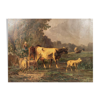 Andres Cortes (Spanish painter 1812-1879), landscape with cows and sheep. Oil on canvas 19th century