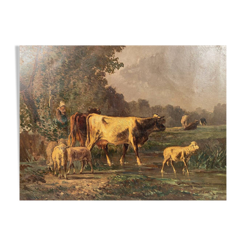 Andres Cortes (Spanish painter 1812-1879), landscape with cows and sheep. Oil on canvas 19th century